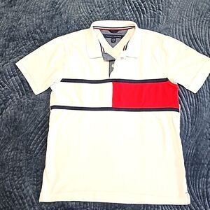 TOMMY HILFIGER Big Boys Color Block White Polo, Size L (16/18)